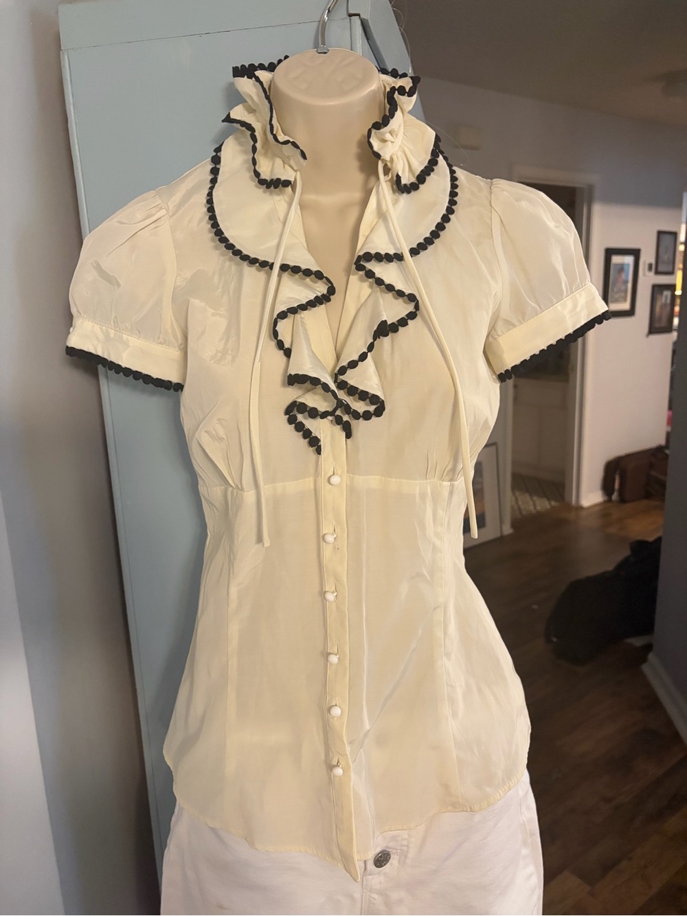 Zara Cream Short-Sleeve Ruffle Blouse with Black Pom Trim - XS